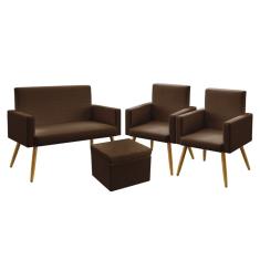 Imagem de Kit Poltrona Namoradeira e 2 Poltronas Decorativas Almofadadas Nina com Puff Quasar Couro Artificial Marrom Aradecor