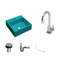 Imagem de Kit Cuba Q395 Com Torneira Luxo 1195 Metal E Válvula Click 1 Pol. E Sifão Cromado E Flexível Compace  Turquesa