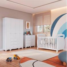 Imagem de Quarto de Bebê com Guarda Roupa 4 Portas Cômoda 1 Porta e Berço Americano Nina Espresso Móveis Branco Brilho