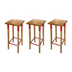 Imagem de Kit 3 Banquetas Bistro Industrial Colors Ferro E Madeira Maciça - Vermelha Vermelho