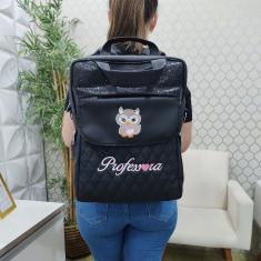 Imagem de Bolsa/Mochila Personalizada para Professora Corujinha Preto/Brilho Preto - Coutre Bolsas