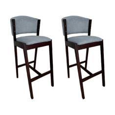 Imagem de Kit 2 Banquetas Alta De Madeira Maciça Castanho Premium Ana Com Encosto Linho Cinza