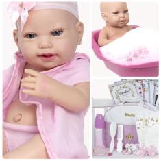 Imagem de Boneca Reborn De Silicone Carequinha Bolsa Itens Banheira - Cegonha Re
