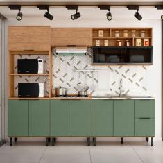 Imagem de Cozinha Completa Laura 9 Portas 3 Gavetas com Vidro 100% Mdf Freijo/Jade - Mx Móveis