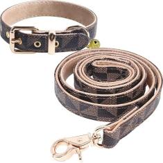 Imagem de Coleira de couro para cães e coleira de 1,2 m, coleira básica ajustável KUDES com conjunto de coleira de couro de sino para animais de estimação, coleira de couro durável com fivela de metal para cães
