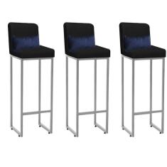 Imagem de Kit 03 Banqueta Alta com Encosto Lucca Industrial Cozinha Balcão Ferro Cinza Corino Preto e Almofada Azul Marinho - Ahazzo Móveis