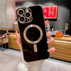 Imagem de Capa de carga magnética sem fio luxuosa quadrada banhada a ouro para iPhone 14 Plus 13 12 11 Pro Max Capa macia à prova de choque, preta, para iPhone 13Pro Max