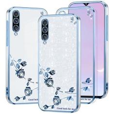 Imagem de Capa para celular Samsung Galaxy A50 transparente com glitter, para mulheres e meninas, protetor à prova de choque, capa para Samsung A50, berloques, luxuosa, diamante, floral, brilhante, rosa, roxo,