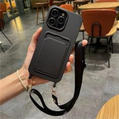 Imagem de Saco de cartão de inserção caso de telefone macio para iphone 11 13 12 14 pro max xs xr 8 7 plus se crossbody cordão corda capa, preto, para 15
