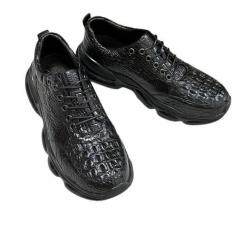 Imagem de Authentic Real Crocodile Skin Tênis masculino acolchoado preto couro de jacaré exótico genuíno masculino macio cadarço tênis de caminhada, Preto, 41