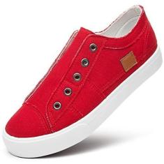 Imagem de Tênis feminino de lona, antiderrapante, moderno, cano baixo, casual, Vermelho, 35