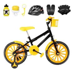 Imagem de Bicicleta Infantil Aro 16 + Kit Proteção Preta e Amarela