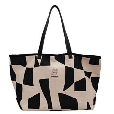 Imagem de Bolsa feminina de lona, bolsa casual com zíper, bolsa de ombro de grande capacidade com bolsos, bolsa transversal casual para mulheres, Preto