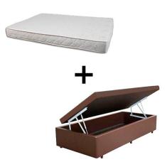 Imagem de Cama Box Baú Solteiro 88 Tecido Sintético Marrom Com Colchão Solteiro Roma Espuma D45 Bege 55x88x188
