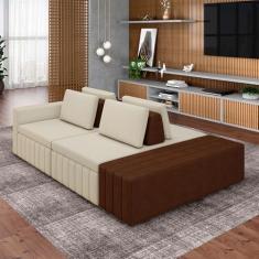 Imagem de Sofá Ilha com Encosto e Almofadas Móveis Olimpo 285cm Modulado Linho/PU Bege/Marrom G45 - Gran Belo