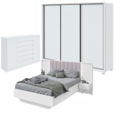 Imagem de Quarto com Guarda-roupa 3 Portas 6 Gavetas, Cômoda 2 Portas 7 Gavetas e Cama Solaris Branco