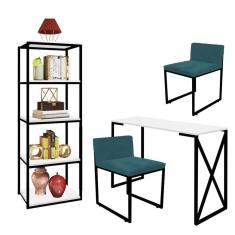 Imagem de Kit Escritório Bex 2 Cadeiras Suede Azul Turquesa com 1 Mesa e 1 Livreiro Ferro Preto MDF Branco - Ahazzo Móveis