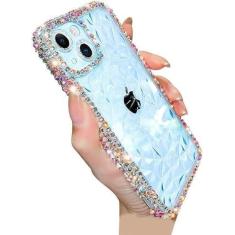 Imagem de Casechics Compatível com capa para iPhone, capa de telefone de luxo com glitter brilhante com padrão de diamante brilhante, proteção de lente de câmera, transparente, macia e à prova de choque (azul,