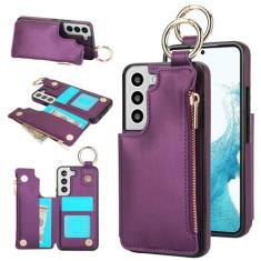 Imagem de Capa carteira para Samsung Galaxy S22 Plus, 3 compartimentos para cartão, 1 bolso com zíper, suporte de fecho magnético com suporte de anel à prova de choque com bloqueio de RFID para Samsung S22 Plus