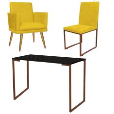 Imagem de Kit Escritório Stan Poltrona Rodapé com Cadeira e Mesa Industrial Preto Bronze Corino Amarelo - Ahz Móveis