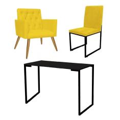 Imagem de Kit Escritório Stan Poltrona Capitonê com Cadeira e Mesa Industrial Tampo Preto Tecido Sintético Amarelo - Ahz Móveis