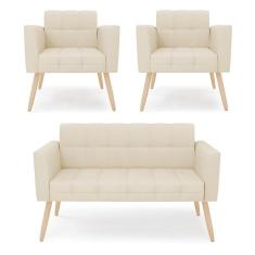 Imagem de Kit 1 Sofá Namoradeira E 2 Poltronas Elisa Linho Bege A19 Pés Palito Natural - D`rossi