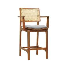 Imagem de Banqueta Alta Bistrô Gus Com Braços Madeira Maciça Encosto Telinha Assento Anatômic Linho Impermeavel Amêndoa/Cinza