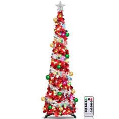 Imagem de Árvore de Natal TURNMEON 6 pés Lighted Slim com 100 luzes e estrelas