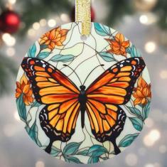 Imagem de Enfeites de árvore de Natal de borboleta, decoração de árvore de Natal de cerâmica redonda, enfeites de árvore de Natal, enfeites de Natal, presentes de borboleta, presentes de Natal para amantes de