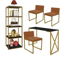 Imagem de Kit Escritório Bex 3 Cadeiras Suede Terracota com 1 Mesa e 1 Livreiro Ferro Dourado MDF Preto - Ahazzo Móveis