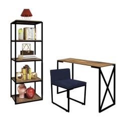 Imagem de Kit Escritório Bex 1 Cadeira Sintético Azul Marinho com 1 Mesa e 1 Livreiro Ferro Preto MDF Carvalho - Ahazzo Móveis