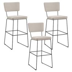 Imagem de Kit 03 Banquetas Alta Para Cozinha Sala De Jantar Base em Aço Fixa Allana L02 Linho Cru - Lyam Decor
