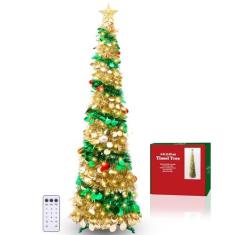 Imagem de Árvore de Natal pop-up de 1,8 m – Lápis de Natal artificial de lantejoulas coloridas dobráveis com 100 luzes, estrela superior, enfeite de 15 bolas, 12 modos, temporizador para decorações de Natal