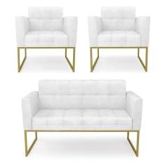 Imagem de Kit 1 Sofá Namoradeira E 2 Poltronas Elisa Corano Base Metálica Industrial Dourado - D`rossi Cor Branco