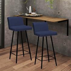 Imagem de Kit Mesa Suspensa de Parede Fixa MDF Freijó + 2 Banquetas Lexi Ferro Preto Corino Azul Marinho - Ahazzo Móveis