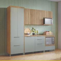 Imagem de Cozinha Completa em MDF Nesher Paris Ripada com 260 cm de Largura, 6 Portas, 6 Gavetas e 10 Prateleiras - Verde/Nature