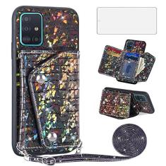 Imagem de Asuwish Capa de telefone para Samsung Galaxy A71 5G capa carteira com protetor de tela de vidro temperado e suporte para cartão de crédito de couro brilhante acessórios de celular para meninas A 71 G5