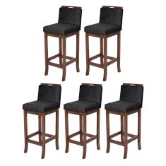 Imagem de Kit 5 Banquetas Média com Encosto Turim Madeira Capuccino Suede Preto ccs