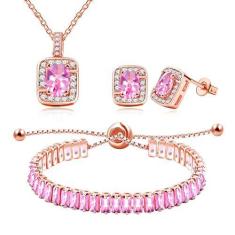 Imagem de Tobestu Brincos de zircônia cúbica banhados a ouro rosa colar retangular baguete pulseira de tênis conjunto de joias de cristal ajustável, Latão, Zircônia cúbica