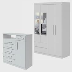 Imagem de Conjunto de Guarda-Roupa Solteiro com Espelho 4 Portas 2 Gavetas Zeus e Cômoda Da Vinci Branco