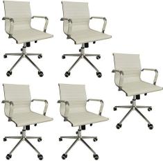 Imagem de Conjunto com 5 Cadeiras Office com Rodízio e Encosto Esteirinha Baixa Branco