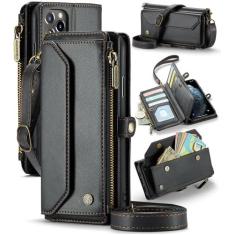 Imagem de Capa para iPhone 11 Pro Max, carteira transversal para celular com suporte de bloqueio de RFID, compartimentos para cartão de carregamento sem fio antiqueda, bolsa de ombro de couro PU, alça