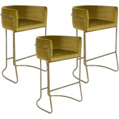 Imagem de Kit 03 Banquetas Decorativa Fixa Base de Aço Bronze Betina D02 Veludo Mostarda C-260 - Lyam Decor