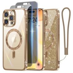 Imagem de Meifigno Capa projetada para iPhone 16 Pro de 6,3 polegadas, [cartão de glitter e alça de pulso] [compatível com MagSafe] [2x protetores de tela de privacidade] Proteção total para lente projetada
