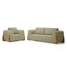 Imagem de Kit Poltrona E Sofá Bloom 220cm 03 Lugares Com Pés De Madeira Bouclê Bege - Desk Design