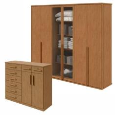 Imagem de Conjunto de Guarda-Roupa Casal Solaris 6 Portas com Vidro 100% Mdf e Cômoda Toronto Amêndoa Clean