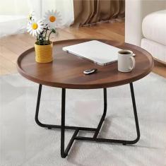 Imagem de Mesa de centro redonda para sala de estar, mesa de centro de nogueira com canelado, mesas de canto para quarto, escritório, varanda, quintal, apartamento, decoração de escritórios