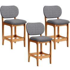 Imagem de Kit 03 Banquetas Baixa Bar Cozinha E Sala De Jantar Fixa Betta L02 Imbuia Linho Cinza Escuro