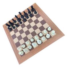 Imagem de Jogo Xadrez Plástico Tabuleiro Madeira Marchetado Rei 10cm - Tacolandi