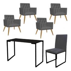Imagem de Kit Escritório Stan 4 Poltronas Capitonê com Cadeira e Mesa Industrial Tampo Preto Suede Cinza - Ahz Móveis